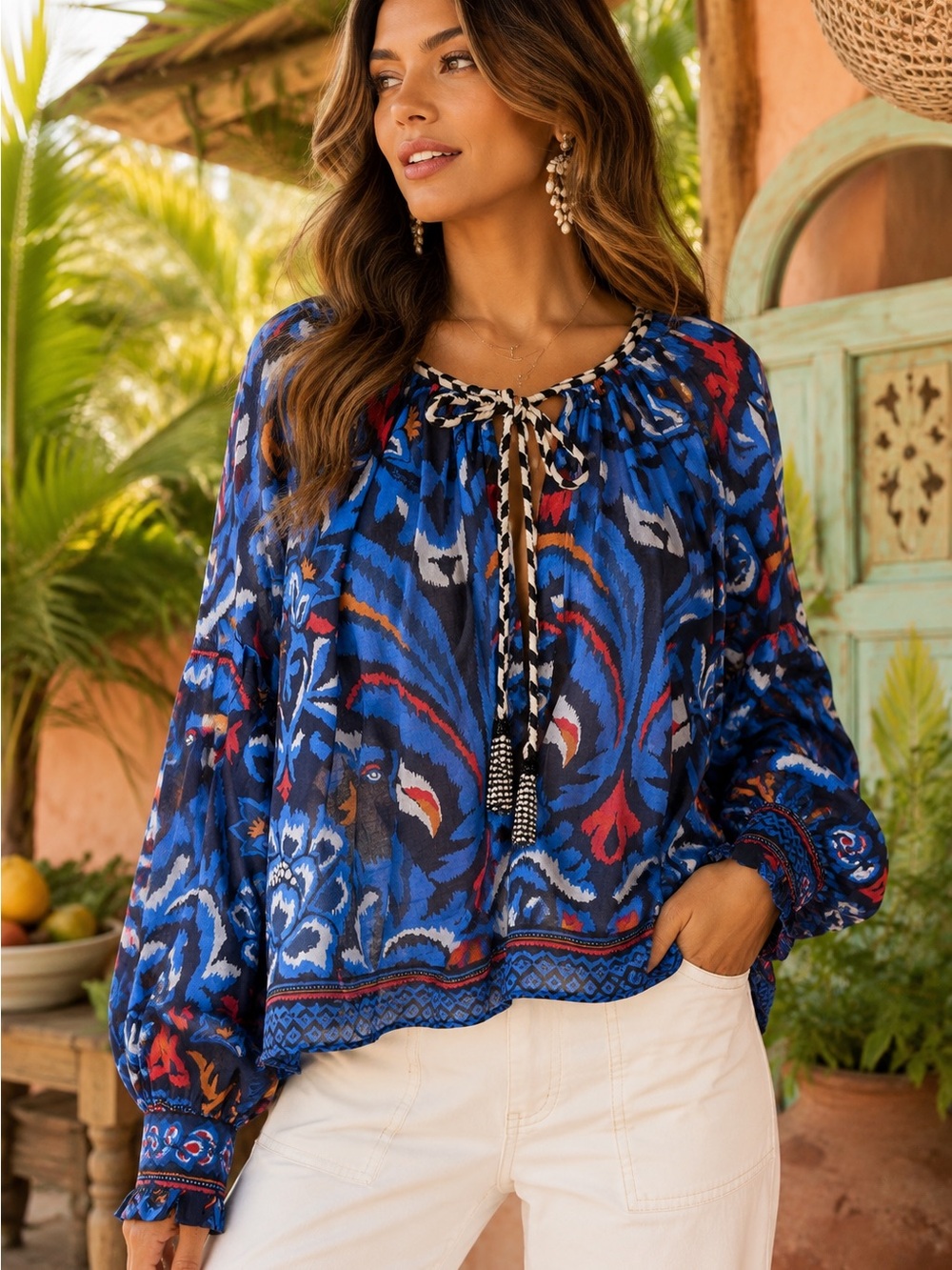 Farm Rio Blue Toucan Print Peasant Blouse Beaded Tassels 100% Cotton M